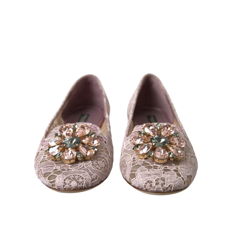 Pink Lace Crystal Ballet Flats Loafers Shoes Viscose Cotton Nylon - Women