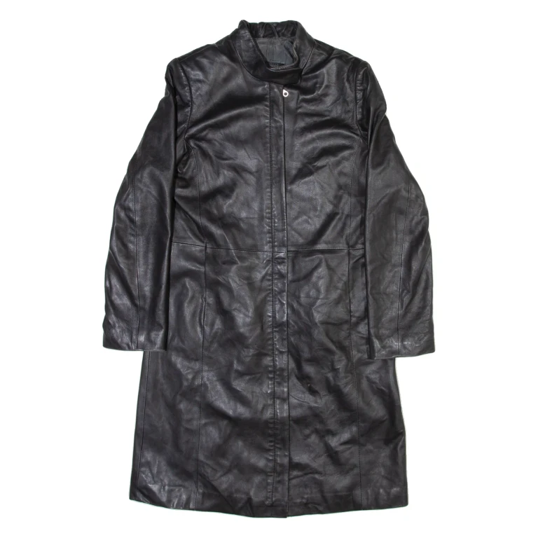 PROUD FOOT Padded Shoulders Womens Trench Jacket Black Leather M
