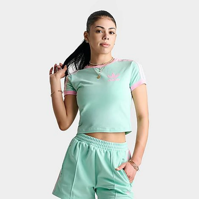 adidas Women's Originals adicolor 3-Stripes Baby T-Shirt in Clear Mint/True Pink Size: XS