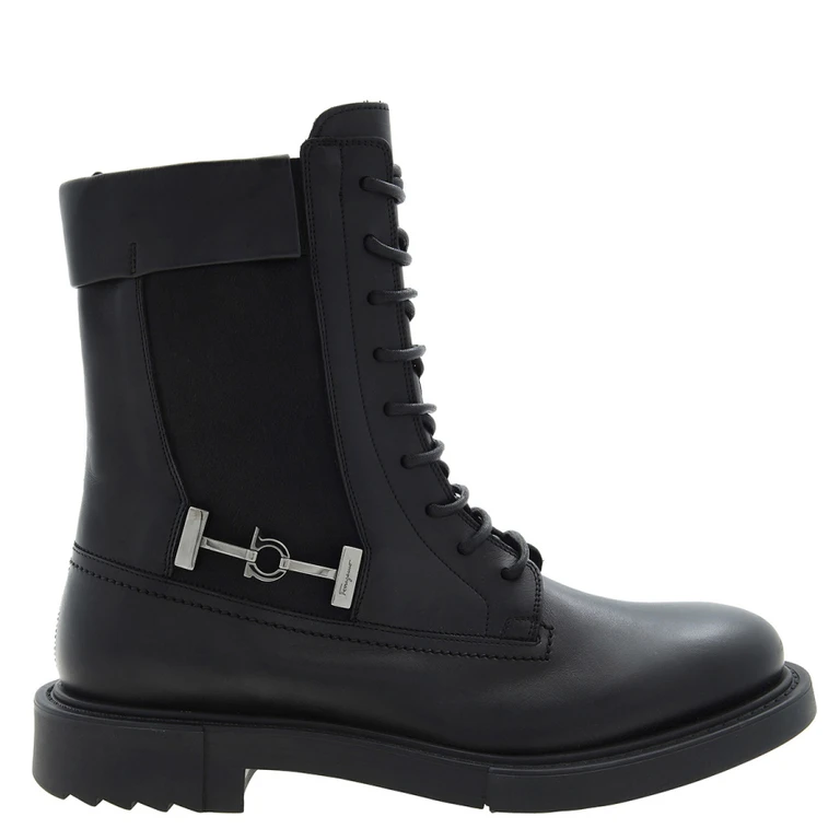 Salvatore Ferragamo Mens Black Leather Combat Boots