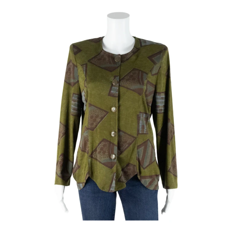 Stretch Button Up Womens Printed Shirt Green 90s Crazy Pattern M