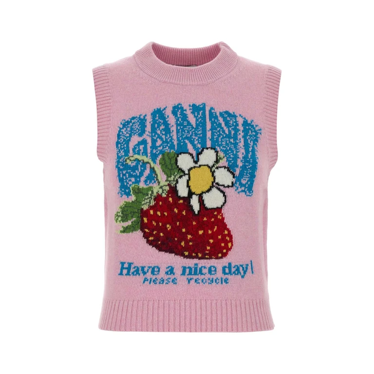 Ganni Pink Wool Blend Vest Chalk Maglieria - Women