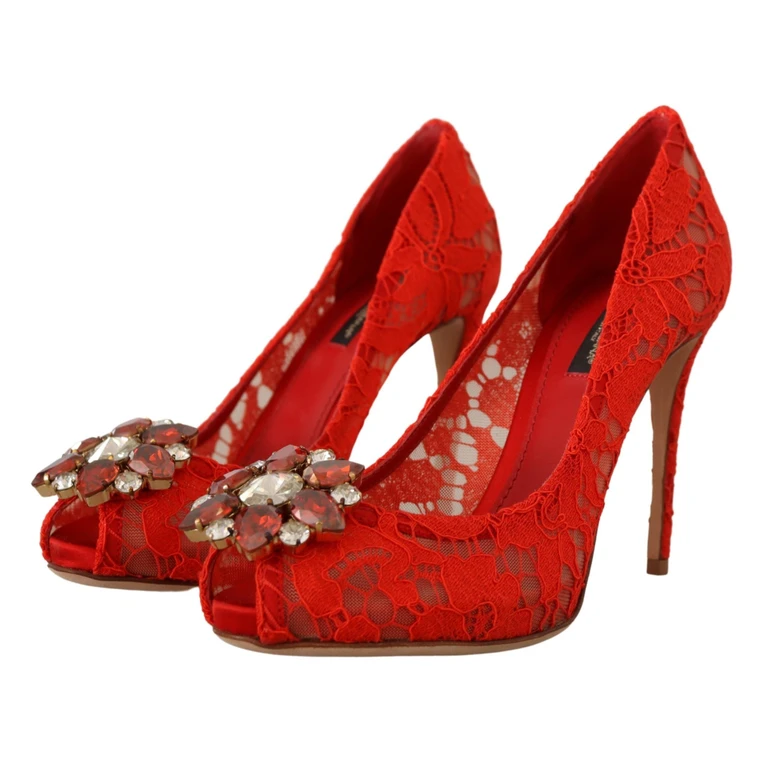Dolce & Gabbana Red Taormina Lace Crystal Heels Pumps Cotton Nylon Silk Rayon - Women