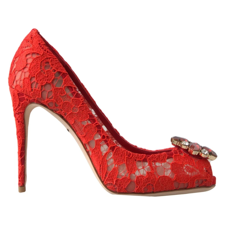 Dolce & Gabbana Red Taormina Lace Crystal Heels Pumps Shoes Cotton - Women
