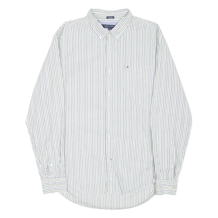 TOMMY HILFIGER Custom Fit Mens Shirt White Striped Long Sleeve L
