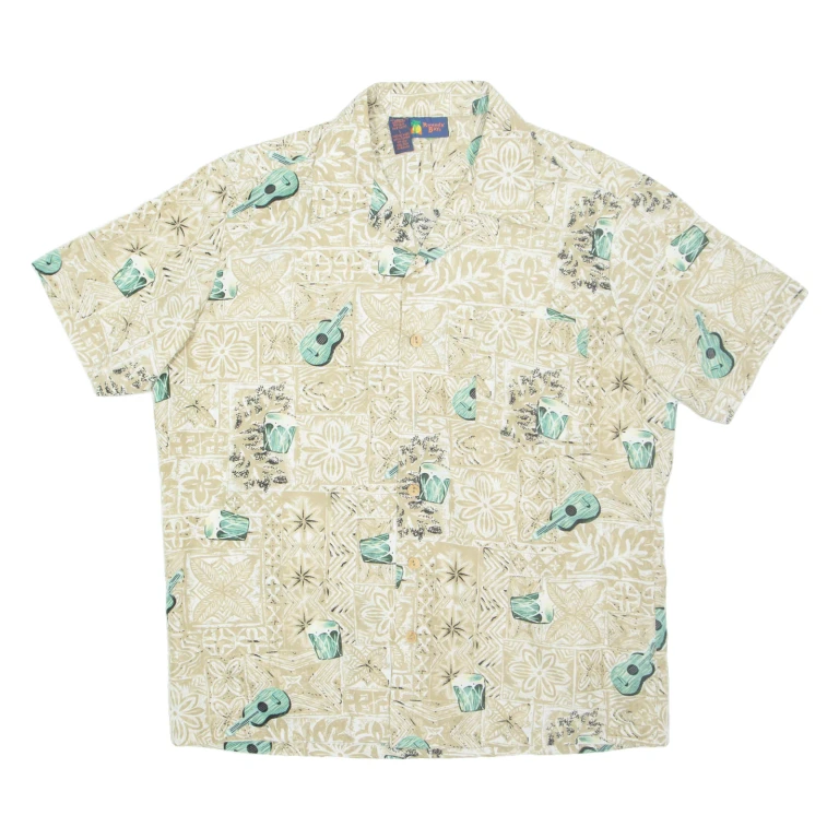 ROUNDY BAY Mens Hawaiian Shirt Beige Crazy Pattern L