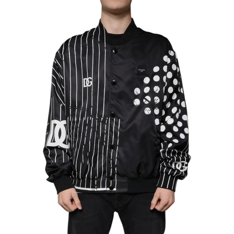 Dolce & Gabbana Black Polka Dot Stripe Nylon Bomber Jacket And White Clothing - Men