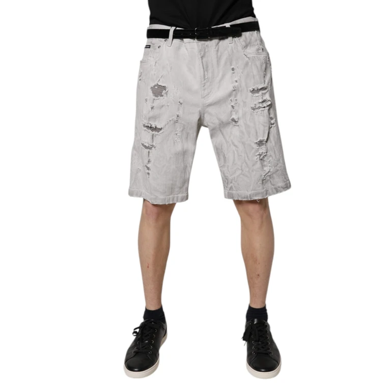 Dolce & Gabbana Light Gray Tattered Men Denim Bermuda Shorts Cotton Elastane - Men
