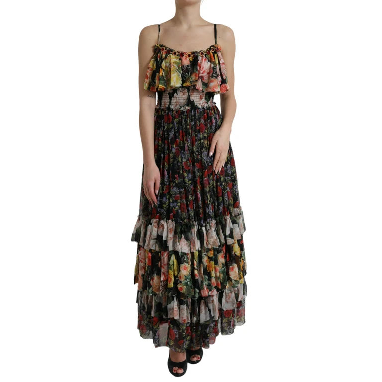 Dolce & Gabbana Multicolor Floral Chiffon Tiered Maxi Dress Silk - Women