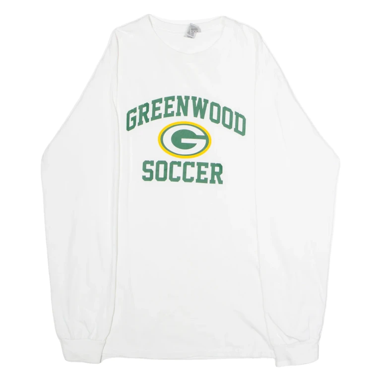 GILDAN Greenwood Soccer Mens T-Shirt White Long Sleeve USA Crew Neck M
