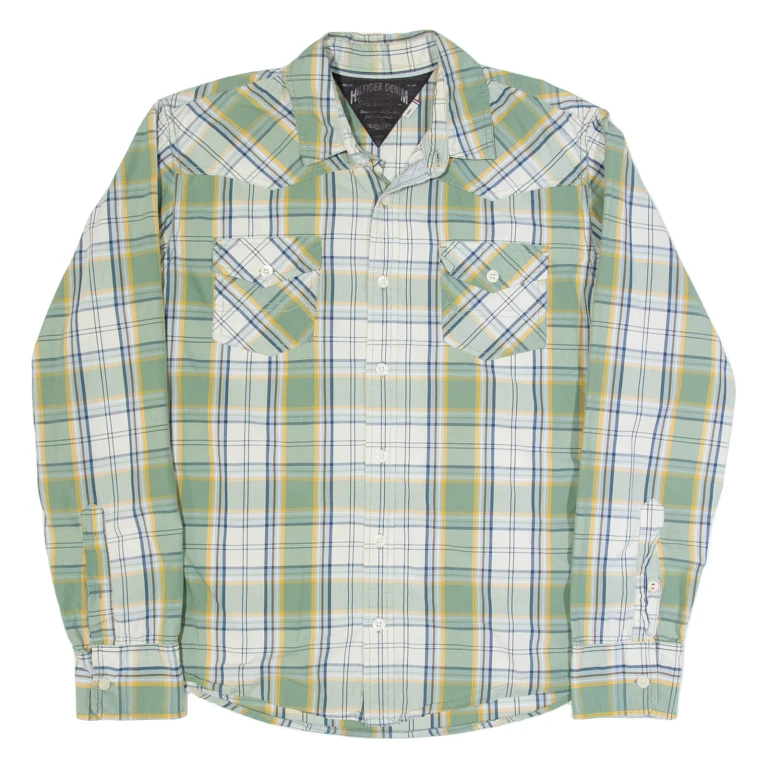 HILFIGER DENIM Mens Shirt Green Check Long Sleeve L