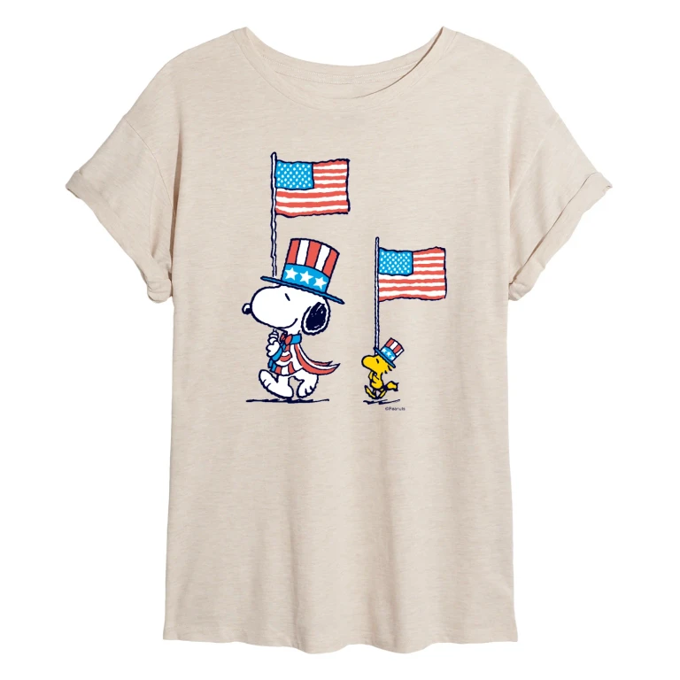 Snoopy and Woodstock Flags - Juniors Oversized Graphic T-Shirt
