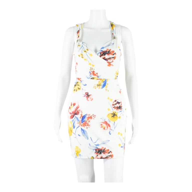 GUESS Womens Bodycon Dress White Floral Sleeveless Knee Length S
