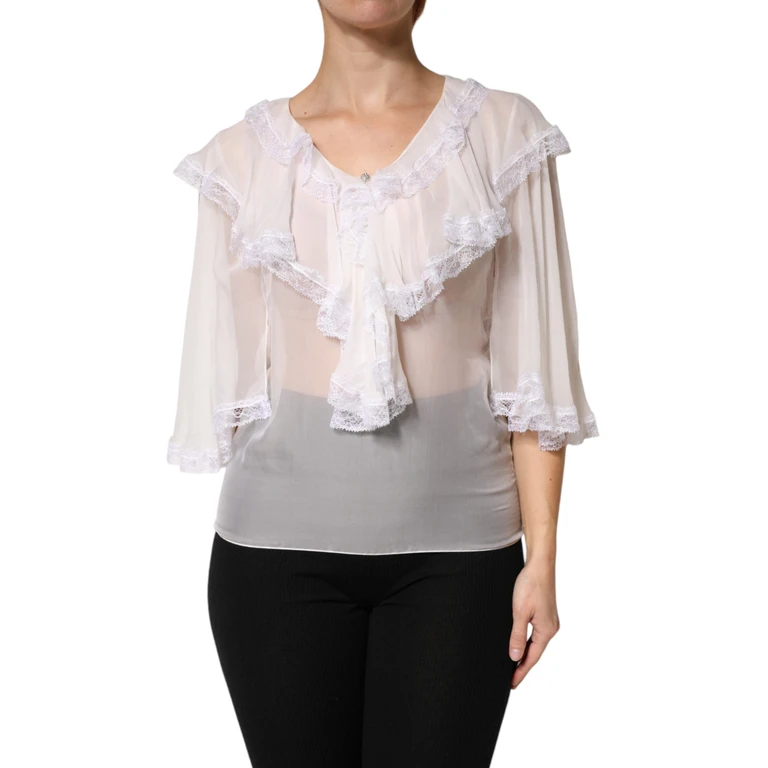 Dolce & Gabbana White Longsleeve Lace Trim Ruffled Blouse Top Nylon Silk Viscose - Women