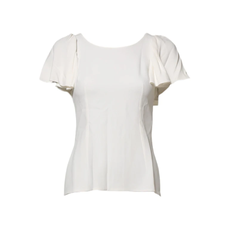 White Round Neck Short Sleeves Blouse Top Viscose Acetate Elastane - Women