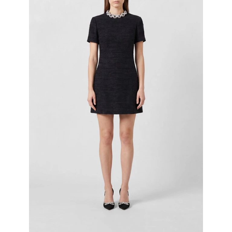 A-Line Tweed Mini Dress with Rhinestone Embellishment (VAKH1A99NUD)