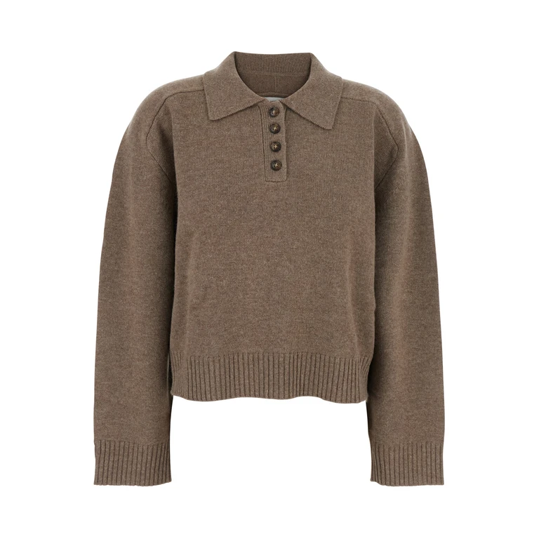 Loulou De Saison Brown Polo Shirt Style Sweater with Classic Collar and Ribbed Trims in Cashmere Woman Jersey - Women