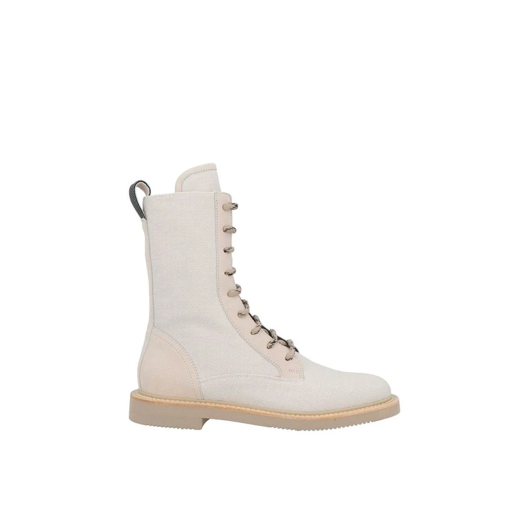 Beige Cotton Lace-Up Boots - Women