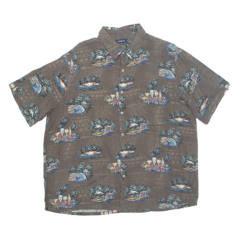 CROFT & BARROW Mens Hawaiian Shirt Brown Crazy Pattern XL