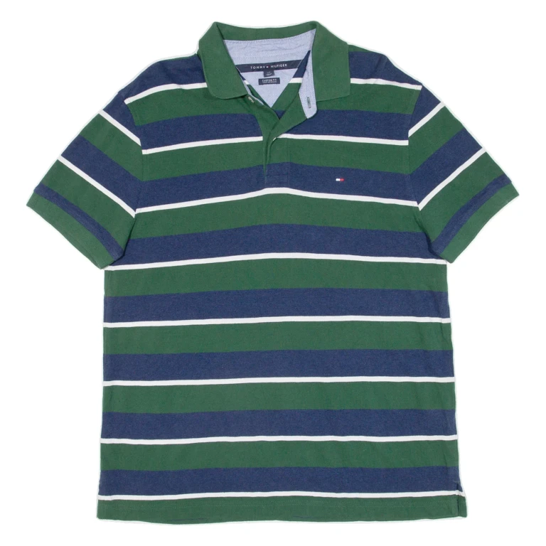 TOMMY HILFIGER Custom Fit Mens Polo Shirt Green Striped L