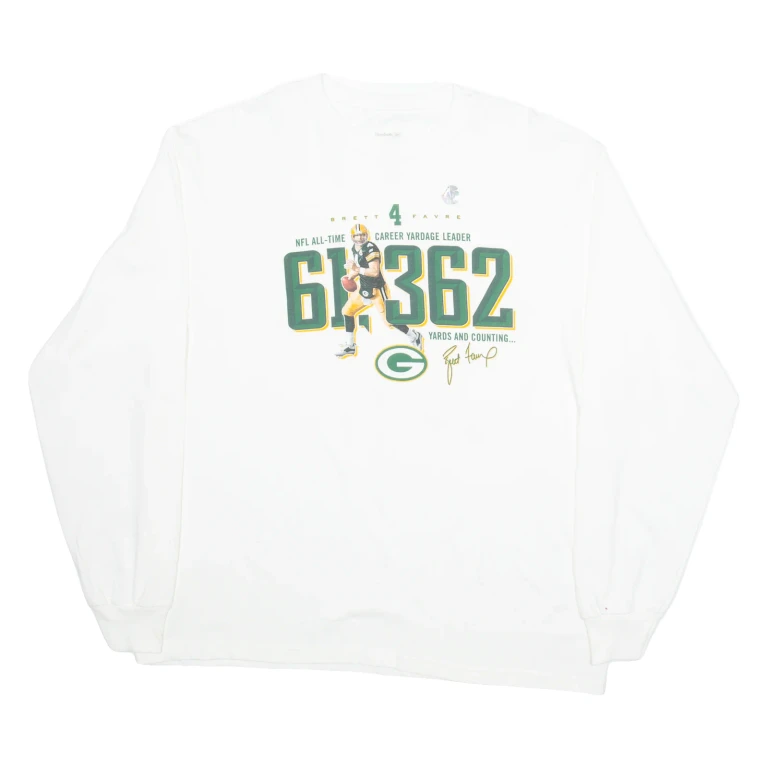 REEBOK NFL All Time Career Yardage Leader 61362 Yards To Count Green Bay Packers Mens T-Shirt White USA L