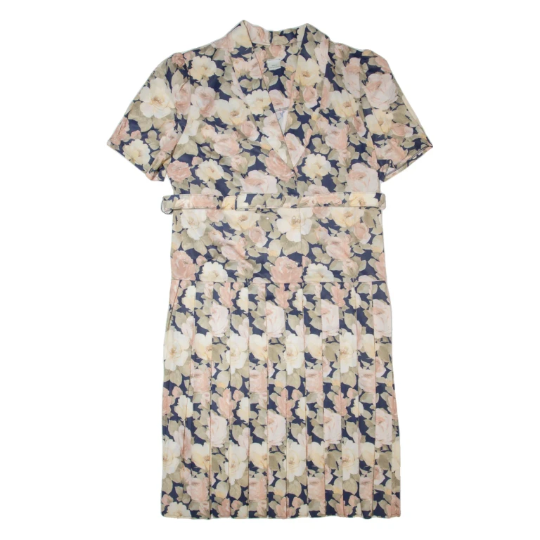 Womens Shirt Dress Blue 90s Floral Short Sleeve Midi XL