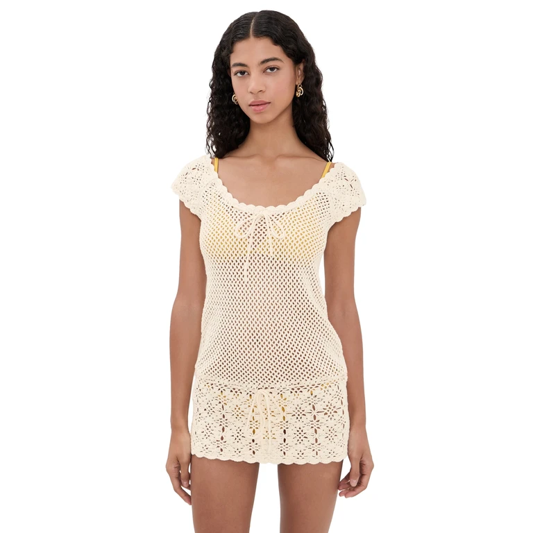 Frankies Bikinis Moss Crochet Mini Dress Sand Dollar XL