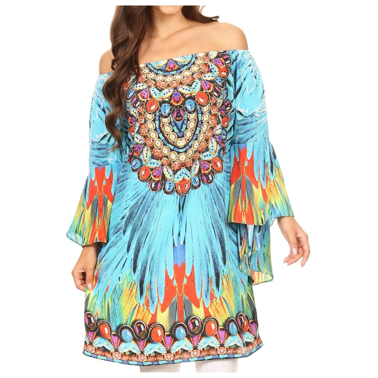 Sakkas Inna Colorful Shift Dress Tunic with Bell Ruffled Sleeves & Rhinestones