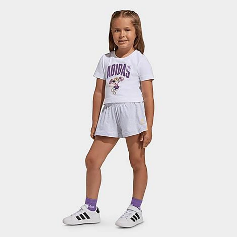 adidas Toddler and Little Girls' x Disney Minnie Mouse T-Shirt and Shorts Set in White/Semi Ice Tangerine Size: XXS