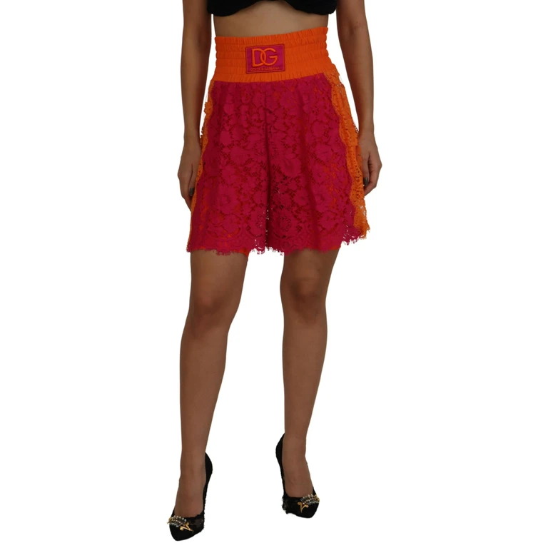 Dolce & Gabbana Pink Orange Lace Cotton High Waist Shorts Viscose Nylon - Women