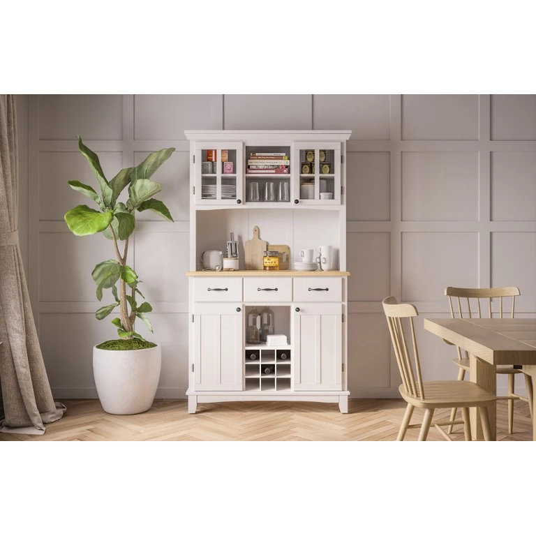 Homestyles Large White Buffet and Wooden Top with Hutch