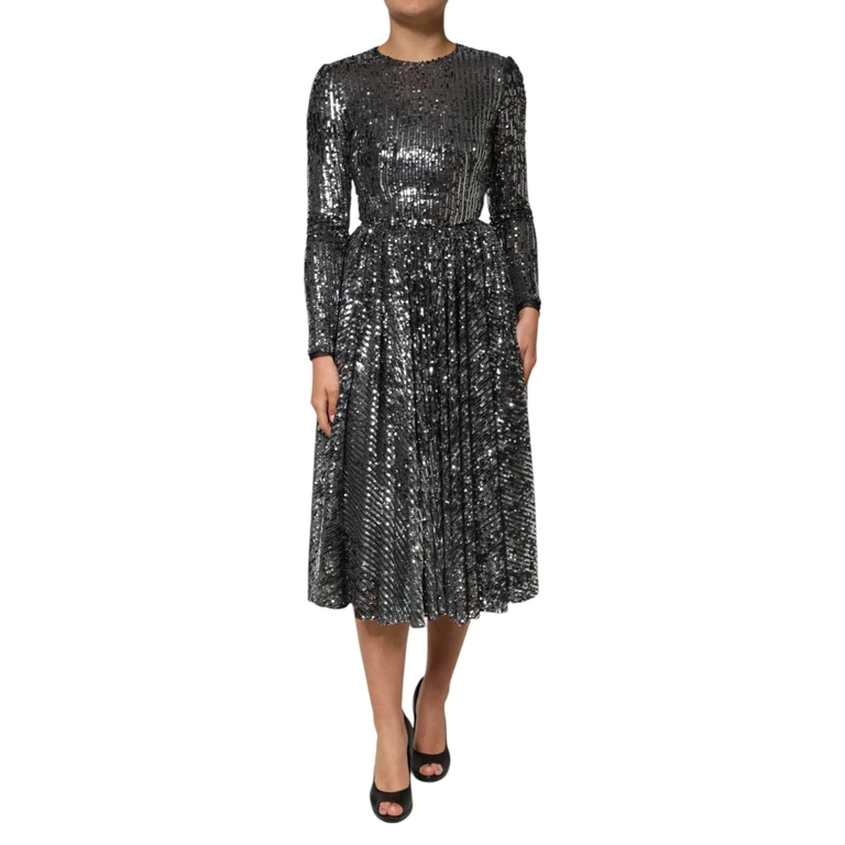 Dolce & Gabbana Black Sequined Long Sleeves Midi A-Line Dress Polyester - Women