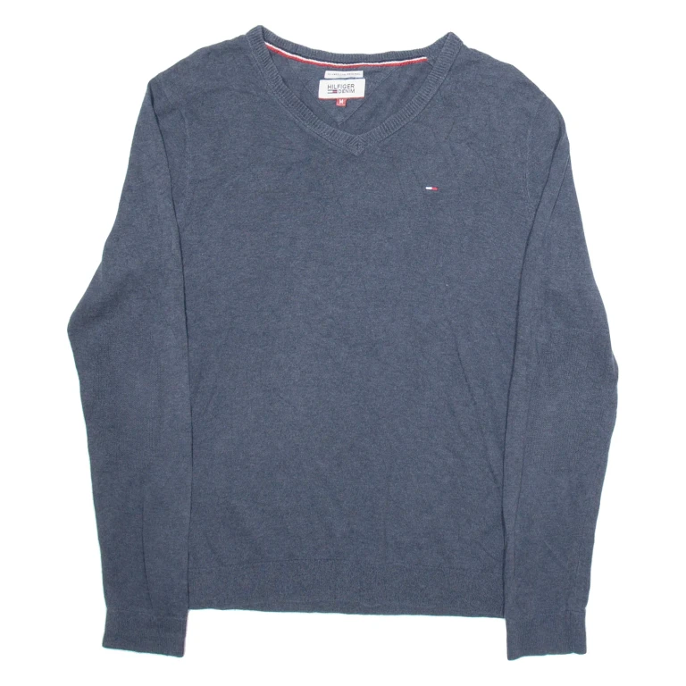 TOMMY HILFIGER Mens Jumper Blue V-Neck Tight Knit M