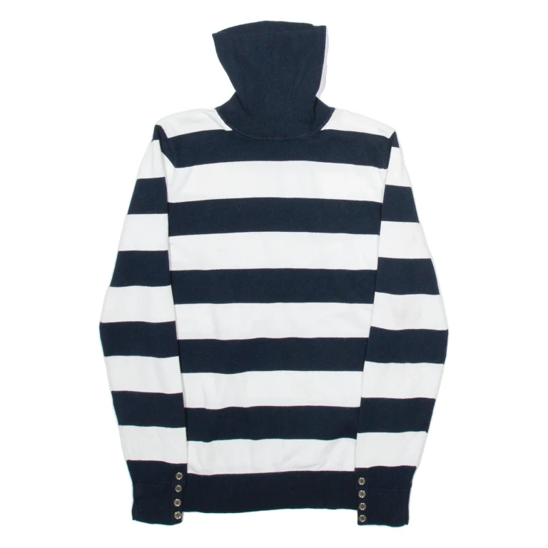 TOMMY HILFIGER Womens Jumper White Striped Roll Neck Tight Knit S