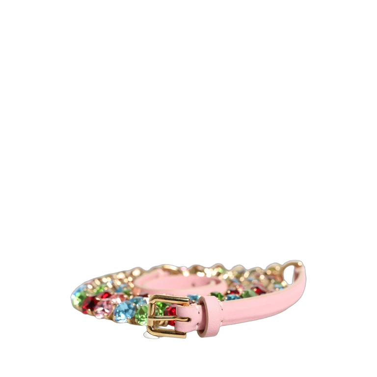 Pink Leather Crystal Chain Embellished Belt Lamb Real Brass - Women