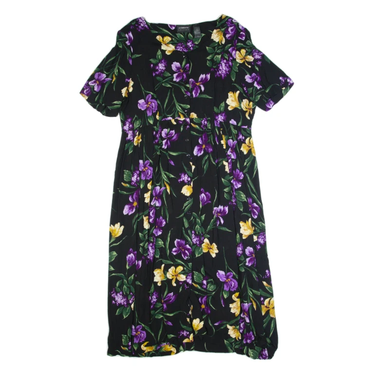 LIZ CLAIBORNE Womens Tea Dress Black 90s Floral Short Sleeve Long XL