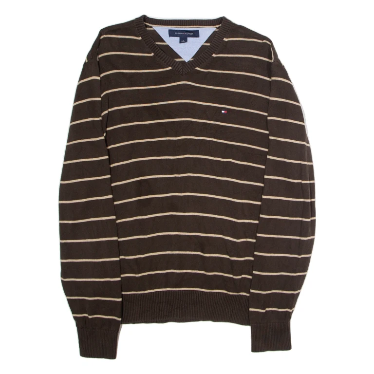 TOMMY HILFIGER Mens Patterned Jumper Brown Striped V-Neck Tight Knit M