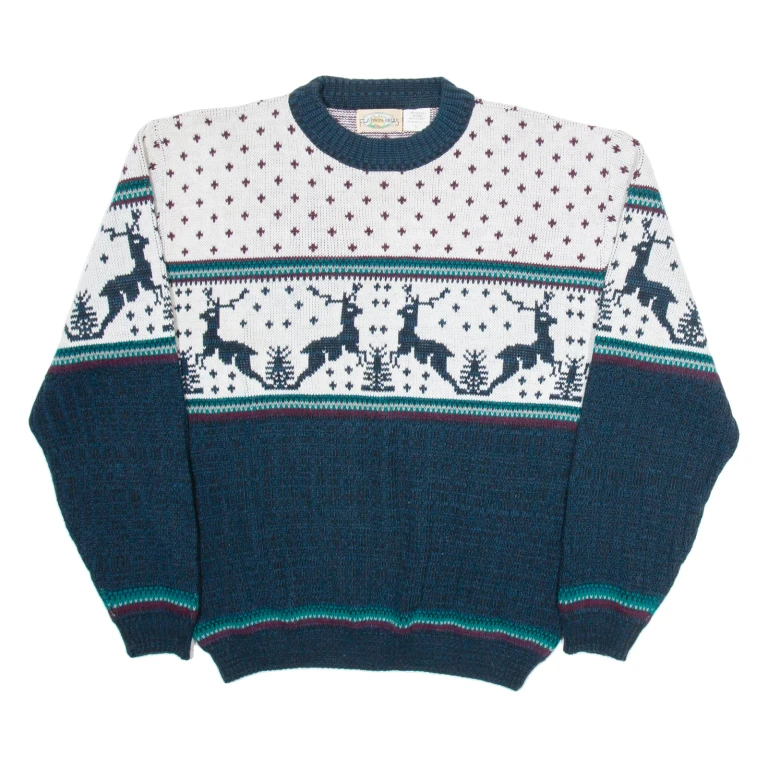 FLATIRON MILLS Mens Patterned Jumper White Crazy Pattern Tight Knit L