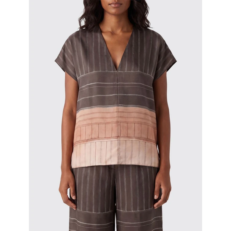 Striped Silk Blouse with V-Neck and Short Sleeves (116232P6063CHOCO)