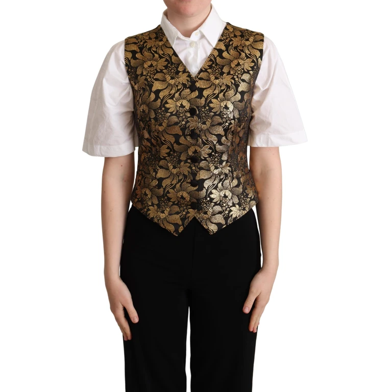 Dolce & Gabbana Black Gold Jacquard Silk Waistcoat Vest Clothing - Women
