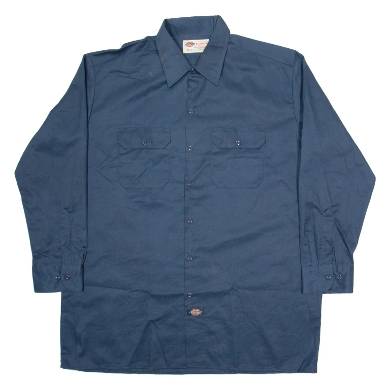 DICKIES Mens Plain Shirt Blue Long Sleeve XL