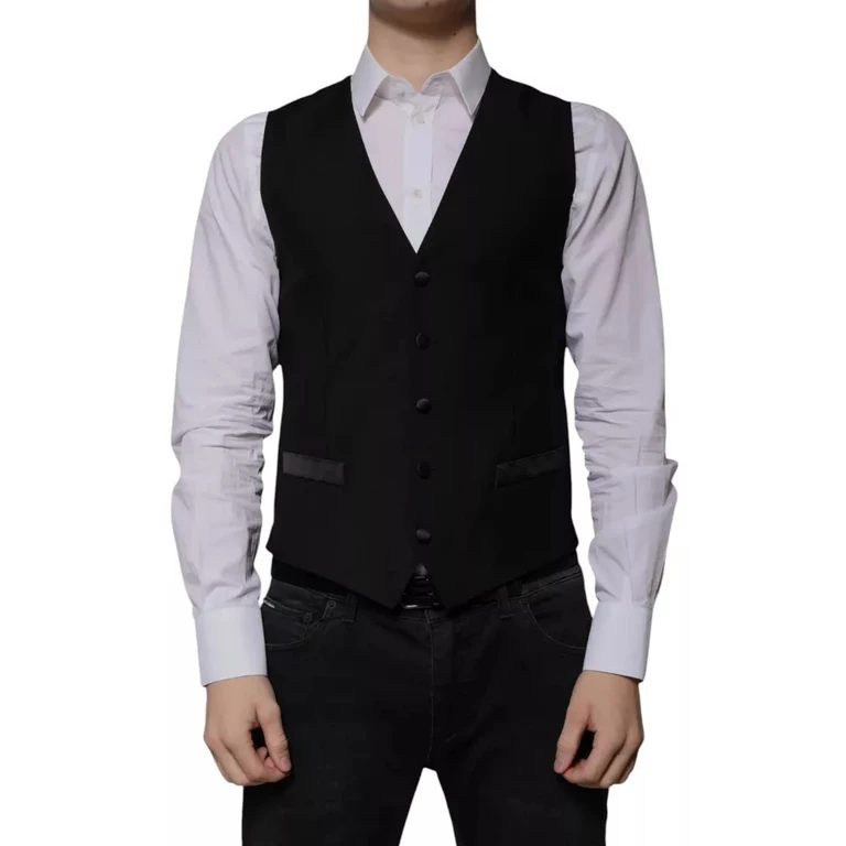 Dolce & Gabbana Black Wool Formal Dress Men Waistcoat Vest Virgin Silk Polyester - Men