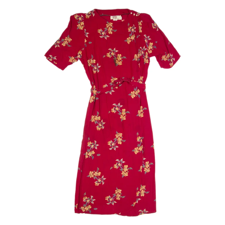 KATIE MFG Womens Maxi Dress Red 90s Floral Short Sleeve Long S