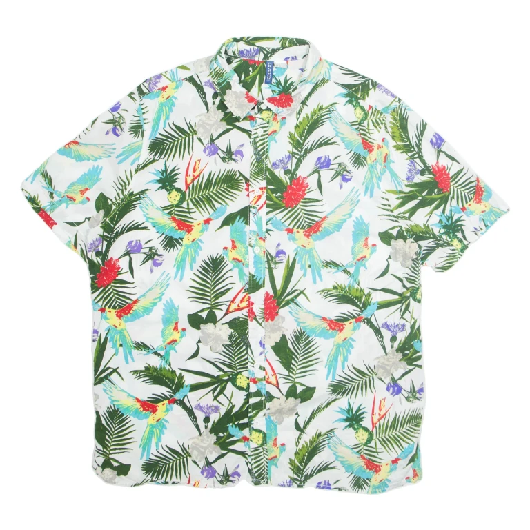 H&M Mens Shirt White Floral Short Sleeve XL