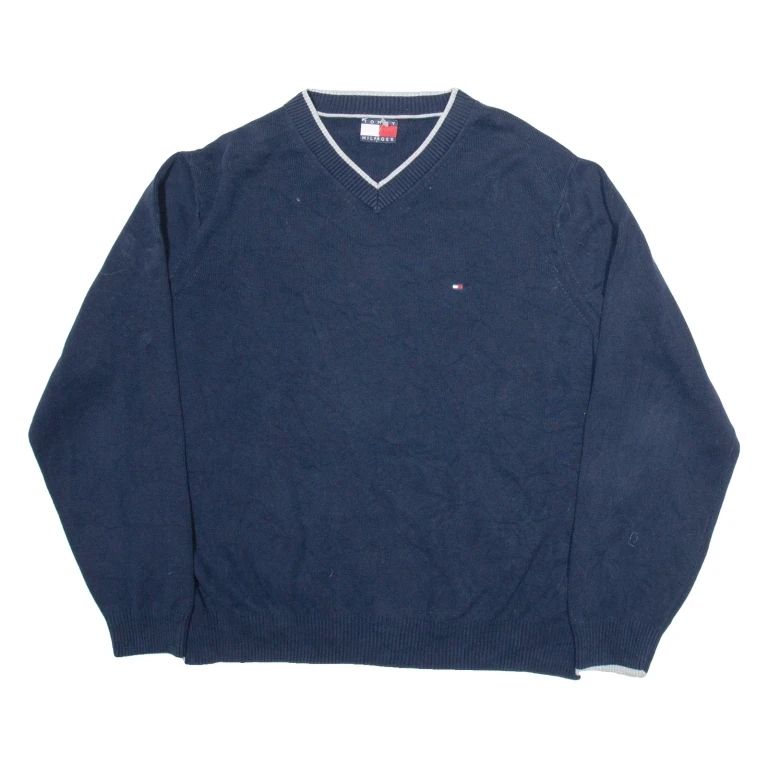 TOMMY HILFIGER Mens Jumper Blue V-Neck Tight Knit L