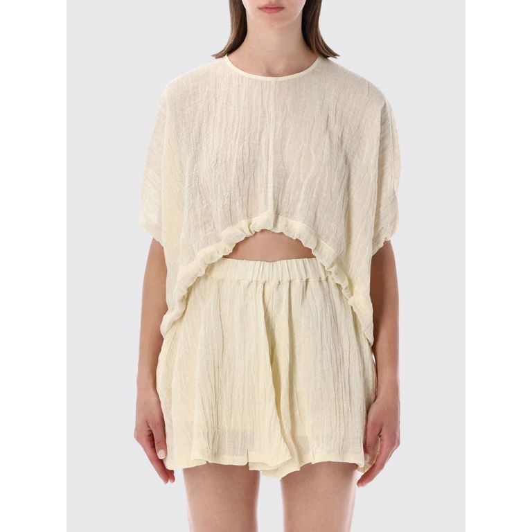 Linen Cropped Top with Crew Neck and Short Sleeves (33BLIW1PLE000G486701134)