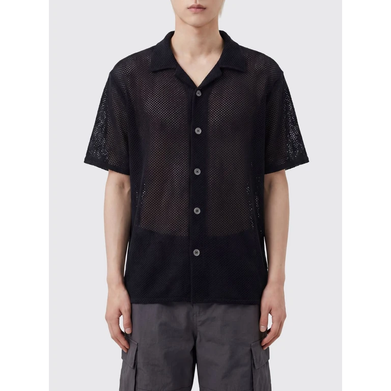 Crochet Knit Shirt in Cotton Blend with a Cuban Collar (UDSH6B323BKBLACK)