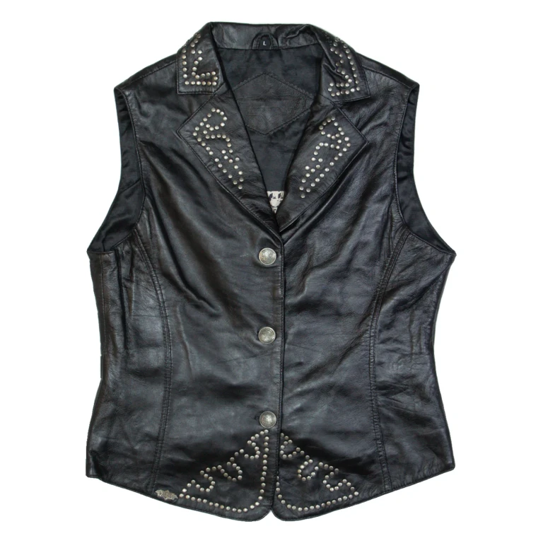 STARS & STRIPES Mens Biker Waistcoat Black Leather 90s L