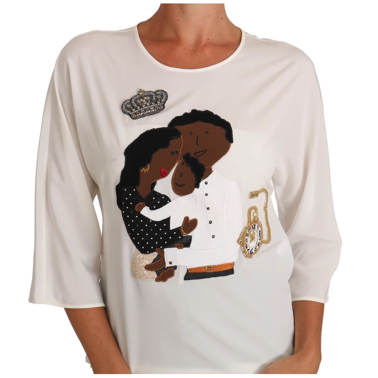 Dolce & Gabbana White Silk #dgfamily Crystal T-Shirt - Women