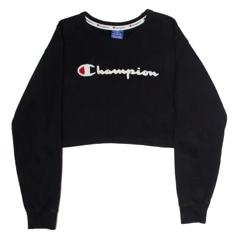 CHAMPION Cropped Womens Sweatshirt Black Crew Neck USA S
